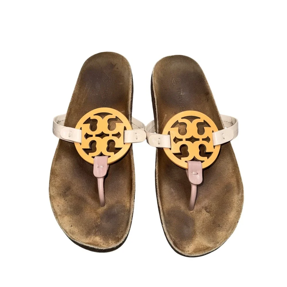 Tory Burch Miller‎ Cloud Sandals Women 9 Beige Yellow Fair Logo Cork Slides